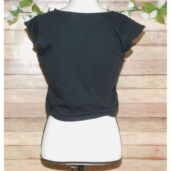 Roxy Black Cropped Knit Rib Top Size L Short Ruffle Sleeve Ruched Tie Up V-Neck - Picture 8 of 11